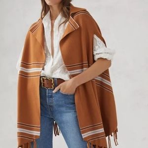 Anthropologie Striped Fringe Capelet Poncho Rust Brown White Stripe